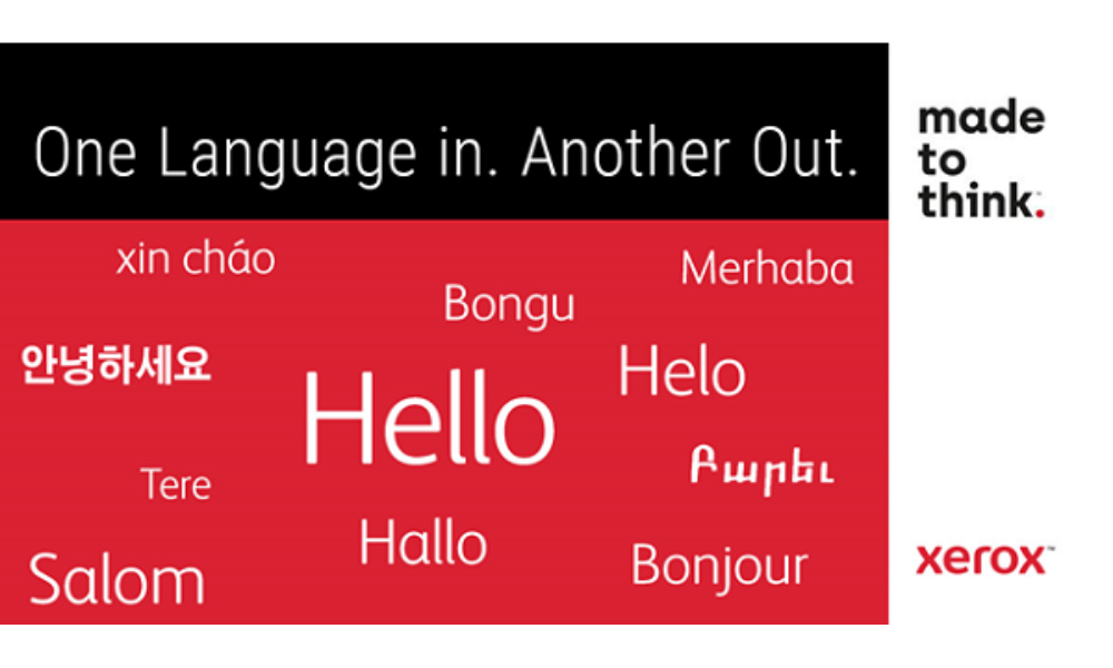 Hello in different languages with Xerox logo.
