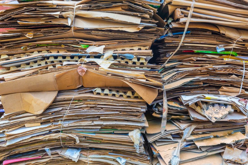 An unkempt stack of papers and cardboard signifying office shredders